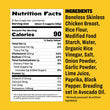 The Seed Oil Free Chicken Nuggets nutrition label lists 90 calories per 3-nugget serving. Ingredients in bold include chicken breast, rice flour, and spices. Note: no added sugars, artificial ingredients or antibiotics ever. Gluten-free and free safe from all major allergens.