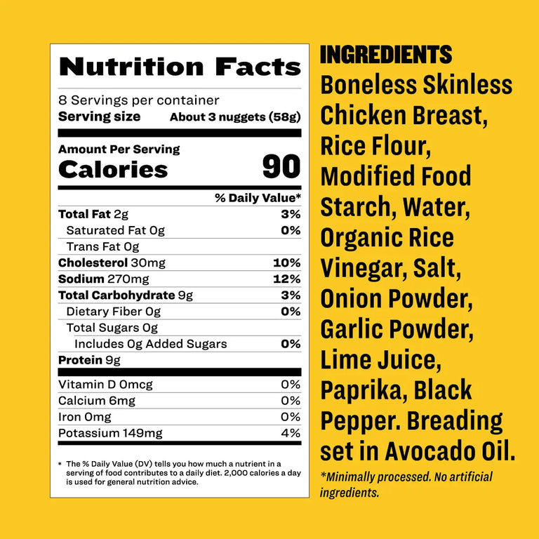 The Seed Oil Free Chicken Nuggets nutrition label lists 90 calories per 3-nugget serving. Ingredients in bold include chicken breast, rice flour, and spices. Note: no added sugars, artificial ingredients or antibiotics ever. Gluten-free and free safe from all major allergens.