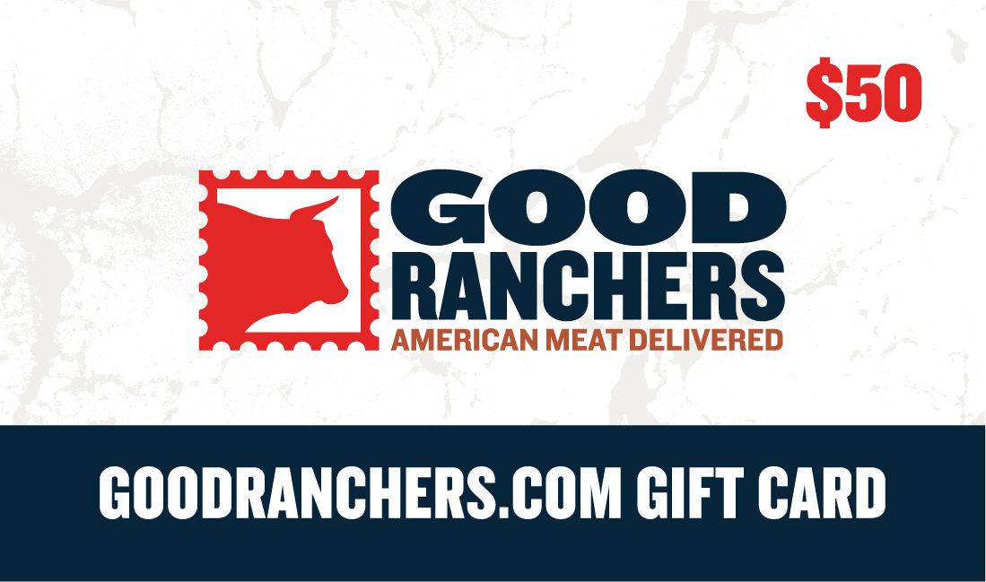 The Digital Gift Card for Good Ranchers displays a cream cow head inside a stamp outline next to the bold words GOOD RANCHERS
